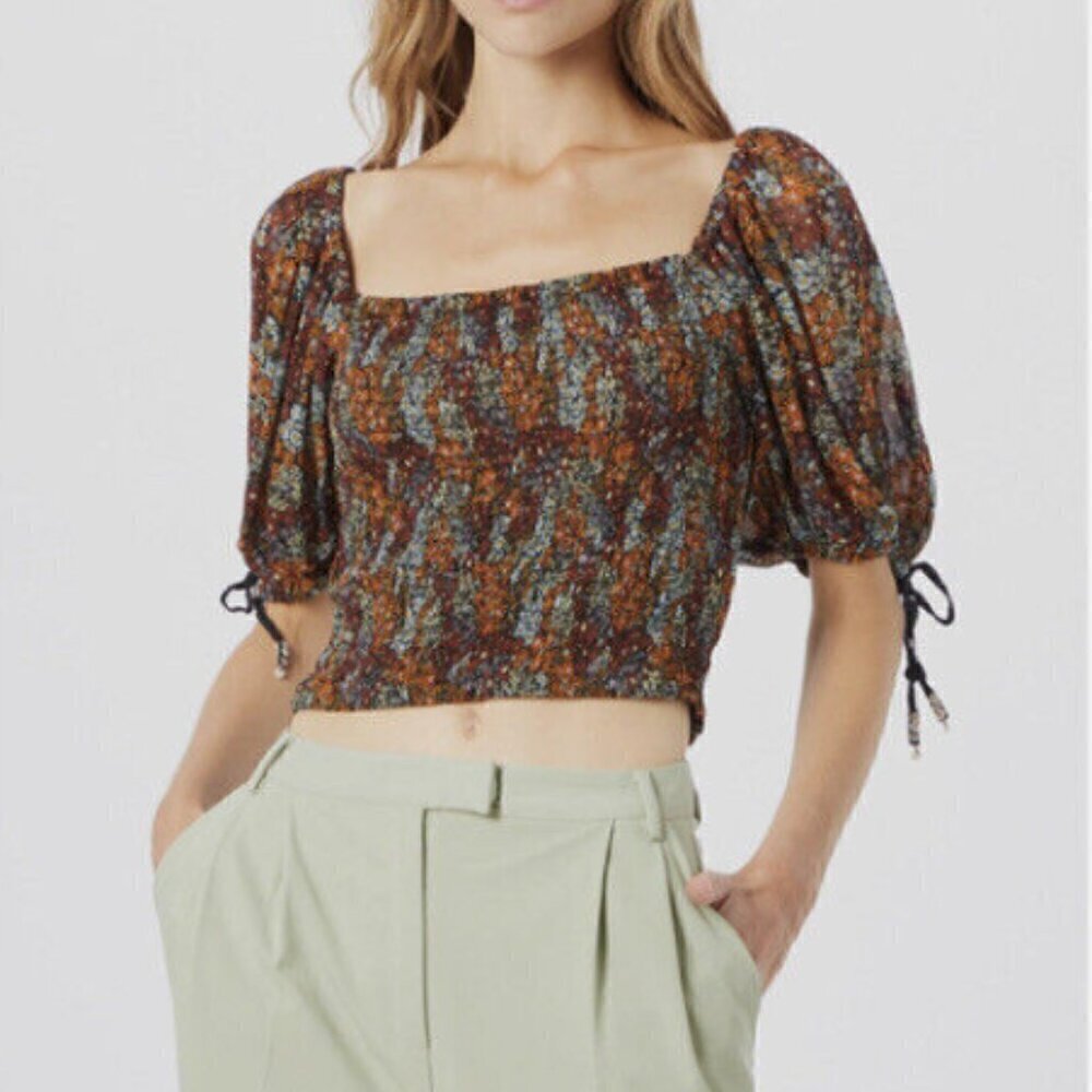 Free People Square Neck Smocked Puff Sleeve Floral Crop Top In Dark Combo Lr NWT